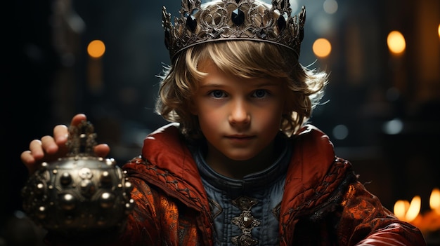 Photo boy in a crown over gothic black background