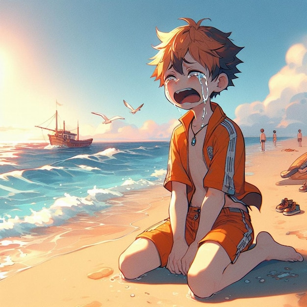 Boy crying on the beach