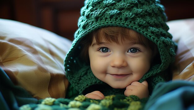초록색 겨울 드레스를 입은 귀여운 아기 소년 사진