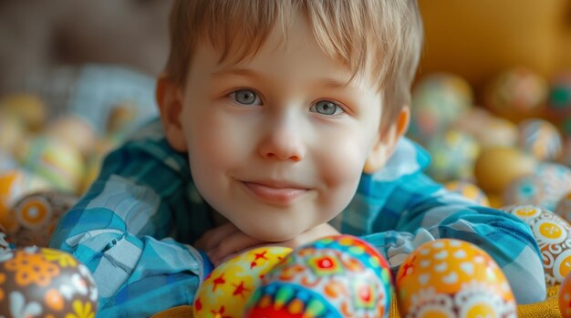Boy delighted with intricately adorned Easter eggs
