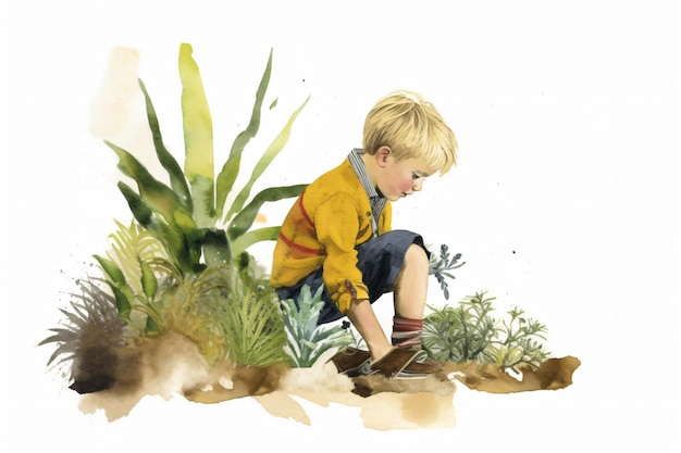 Photo a boy digging in the soil with a plant in the background