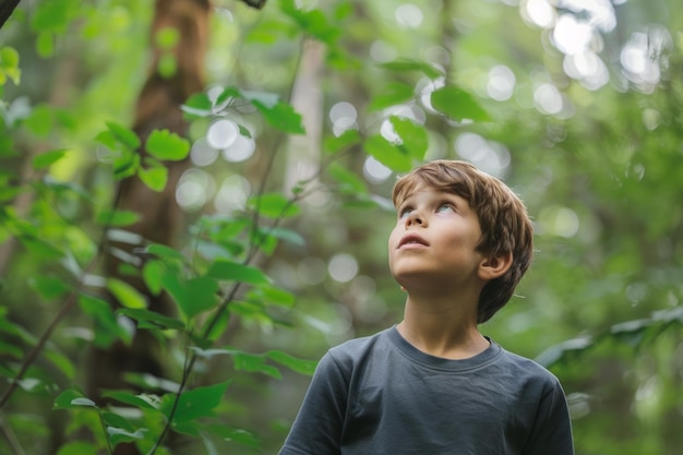 boy discovering wildlife at summer camp in the forest