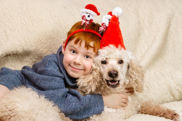 少年と犬が新年のクリスマスを楽しんでいる 子供と犬の相互作用の友情