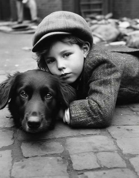 a boy and a dog are laying on the ground with a hat on.