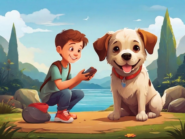 a boy and a dog are looking at a book