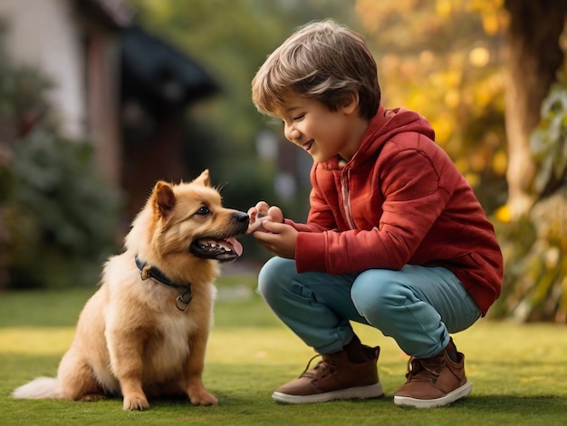 a boy and a dog are playing in the grass with a dog