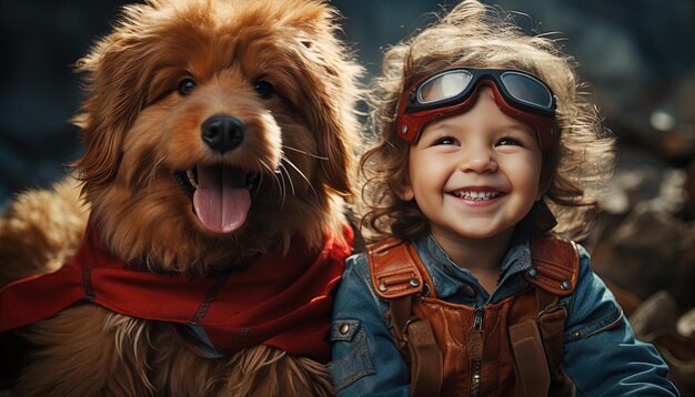 a boy and a dog are posing for a photo with the caption