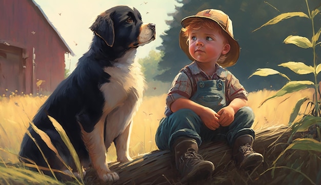 A boy and a dog are sitting on a log in a field.