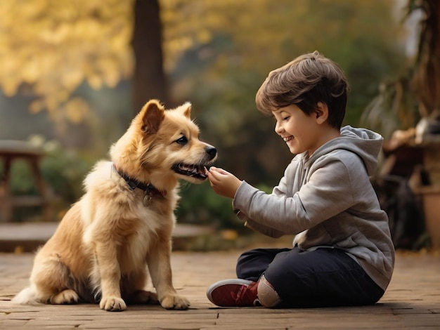 a boy and a dog are sitting on a wooden deck