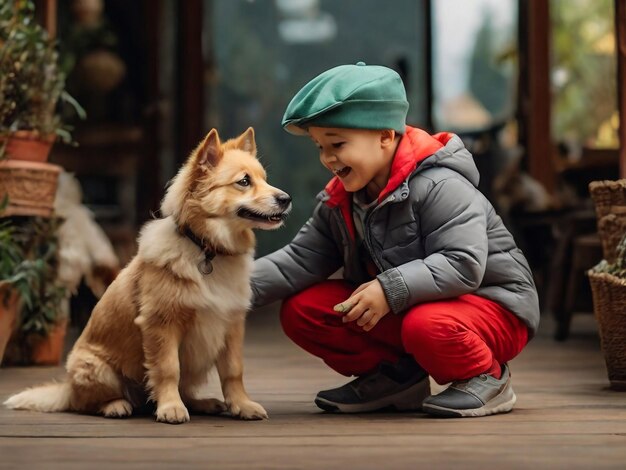 a boy and a dog are on a wooden deck