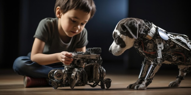 A boy and dog playing with a robot toy on the floor ai