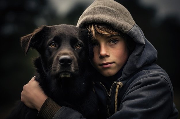 Boy and dog portrait Pet care People emotions Generative AI