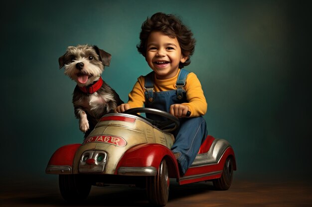 Boy and Dog in Toy Racing Car Generative AI