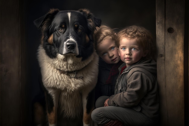 A boy and a dog with a black background