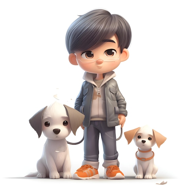 Boy and dogs 3D rendering Isolated white background