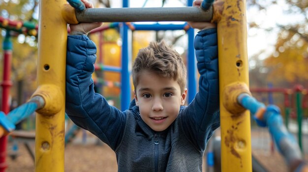 A boy doing bodyweight exercises on a jungle gym at sunset