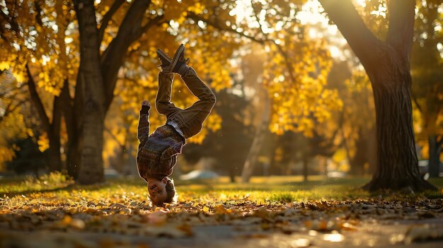 Photo boy doing a cartwheel in a park with autumn colours st albert alberta canada generative ai