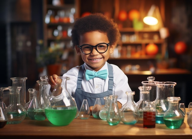 A boy doing experiments in the laboratory Explosion in the laboratory Science and education