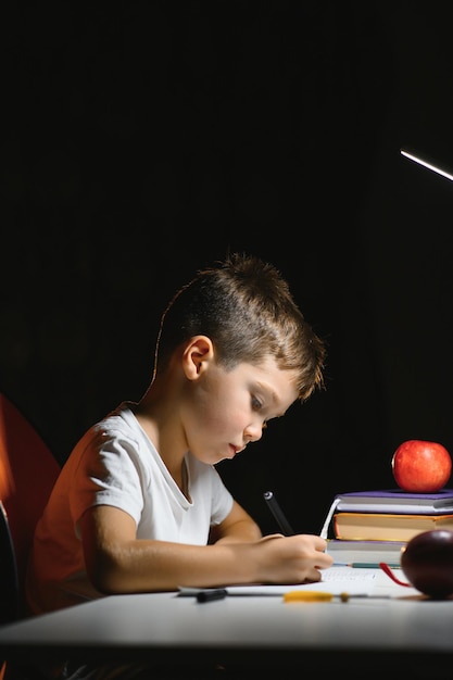 Boy doing homework at home in evening