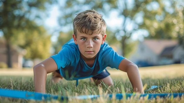 A boy doing pullups on a rustic outdoor bar with determination