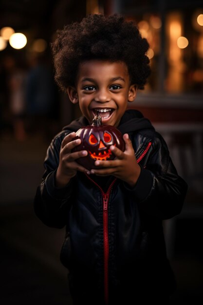 Boy dressed as a vampire for Halloween with pumpkin smiles