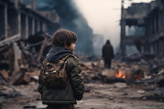 мальчик в военной одежде стоит в разрушенном городе
