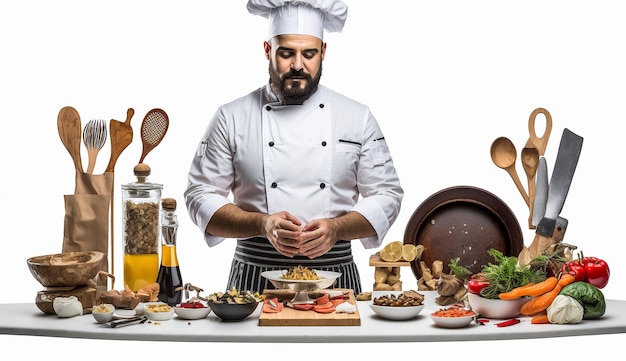 Boy dressed white cooks in restaurant fancy food white background Ai generated art