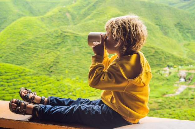 Photo boy drinking healthy green tea against a tea plantation. healthcare or herbal medicine concept