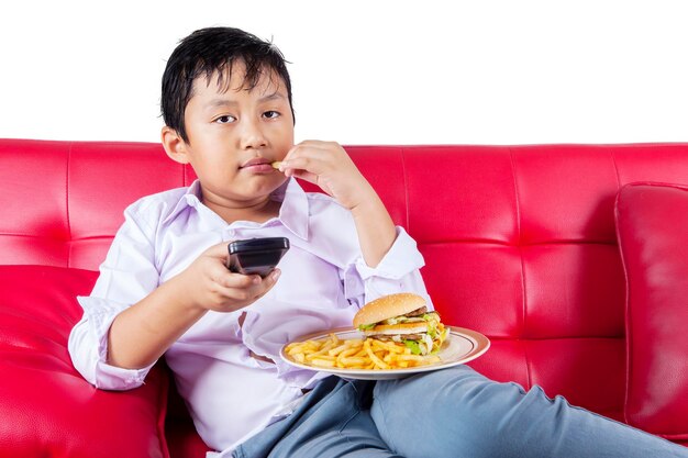 Boy eating burger and french fries on sofa