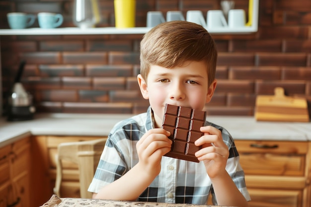 家のキッチンでチョコレートを食べている少年子供のための不健康な食べ物