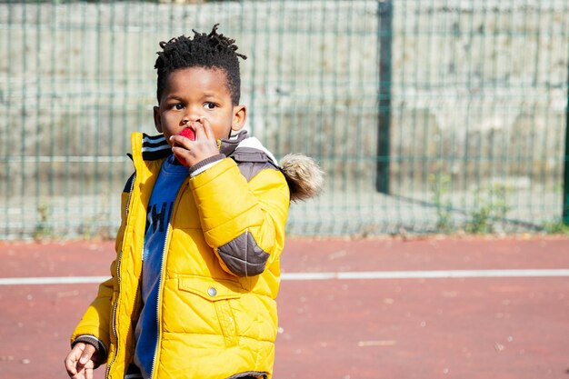 Boy eating food during sunny day