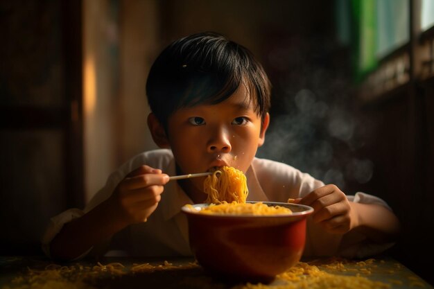 A boy eating noodles in a dark room.