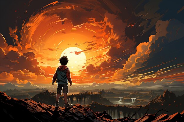 A boy on the edge of a cliff looking towards the sun clouds around vector illustration