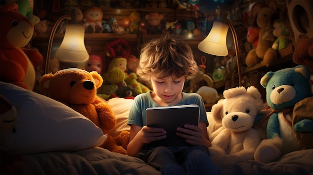 Photo a boy engrossed in watching his favorite cartoon on a tablet pc