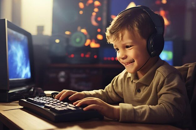 Photo boy enjoying computer game ai generated