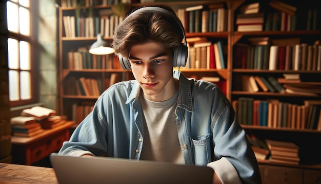 Boy Enjoying Music While Studying at Home