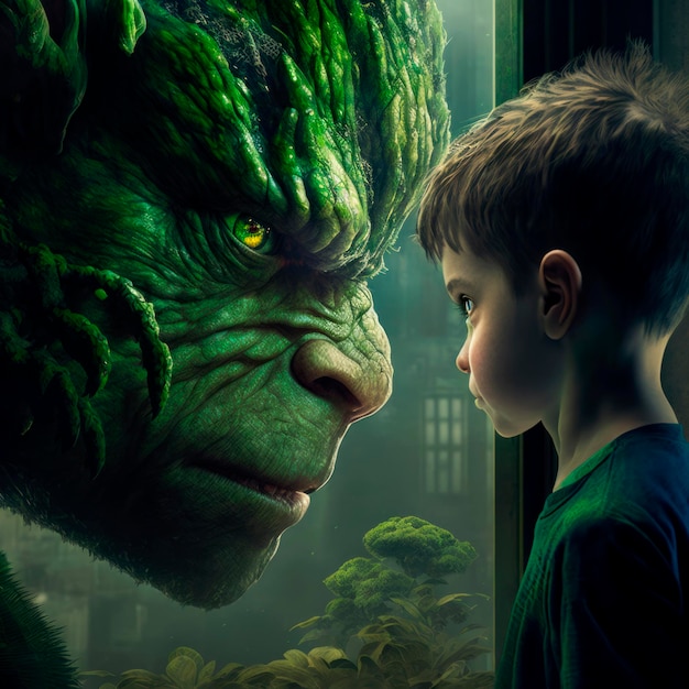 A boy face to face with a green colored humanoid monster Generative AI