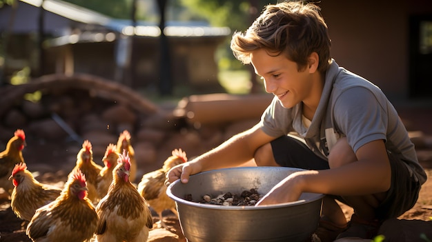 Foto ragazzo che dà da mangiare ai polli in una ciotola a terra ia generativa