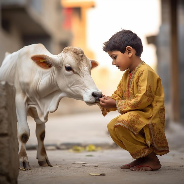 Photo a boy feeds a cow in india.