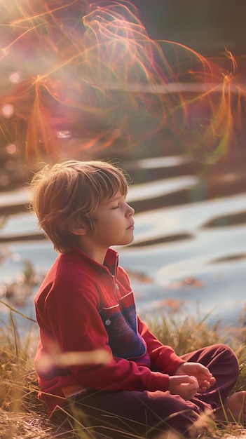 Photo a boy in a field of grass by a lake with the sun shining through the clouds