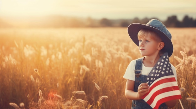 A boy in a field with an american flag