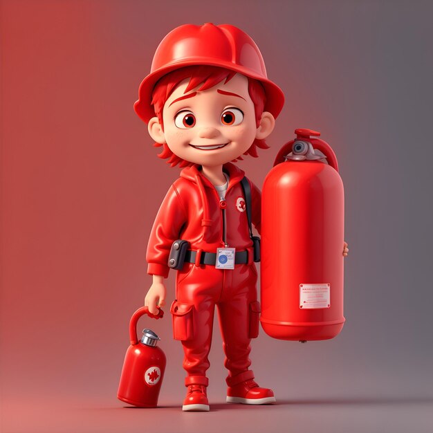 Boy Firefighter 3d cartoon karakter oranje achtergrond