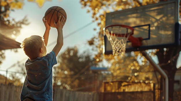 a boy of five years old playing basketball outdoors on summer season