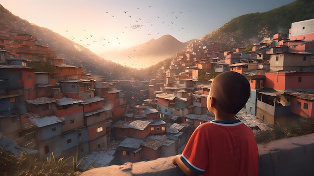 Boy flying a kite in overcrowded slums Rio de janeiro generate ai