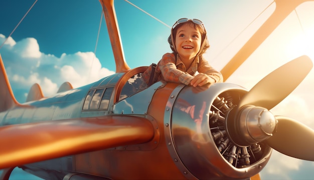 Photo a boy flying a plane with the word flight on the side