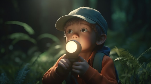 A boy in a forest holding a flashlight