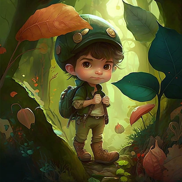 Boy in a forest with a backpack and a leaf on his head generative ai