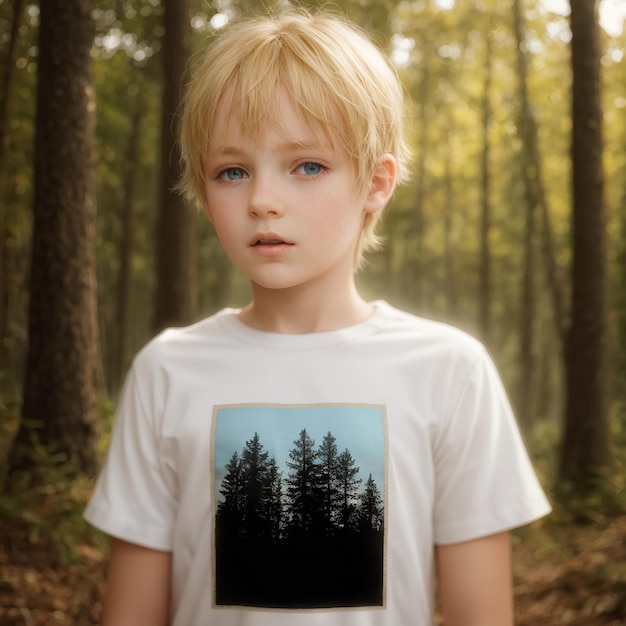 a boy in a forest with trees in the background