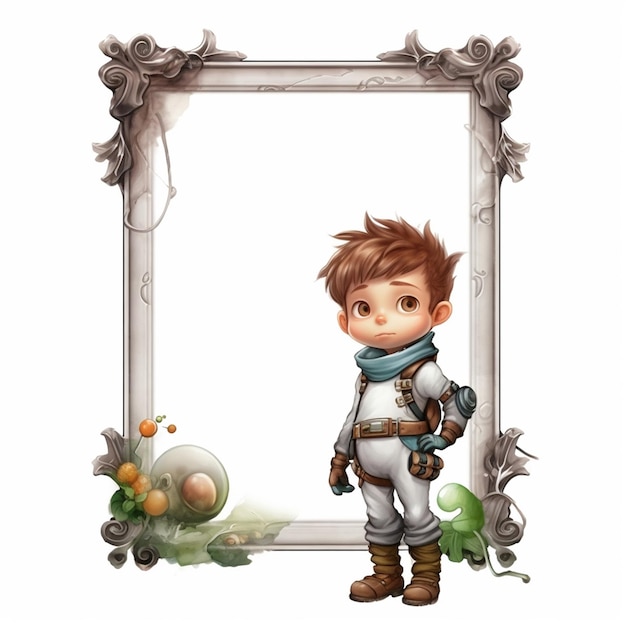 A boy in a frame with a flower on it