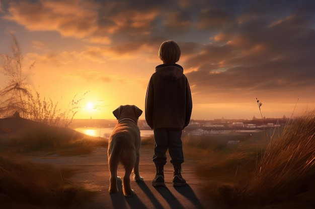 Boy friendly dog sunset Generate Ai